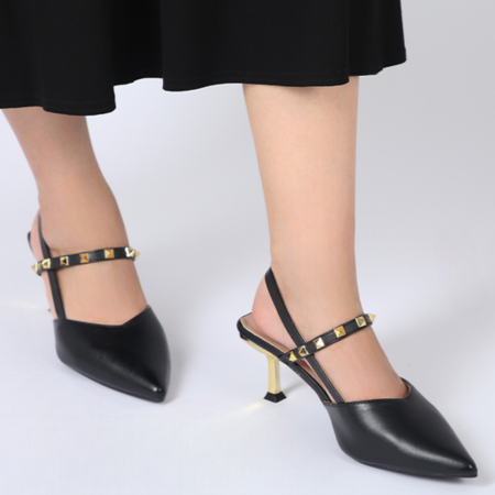 3 Rivet Studded Slingback Heels - zoomed front view