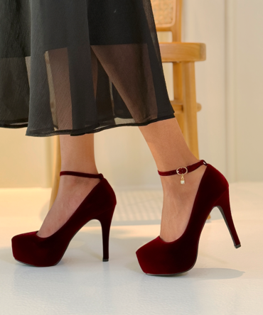 Alora Dark Red Velvet Heels Crystal Buckle Front View