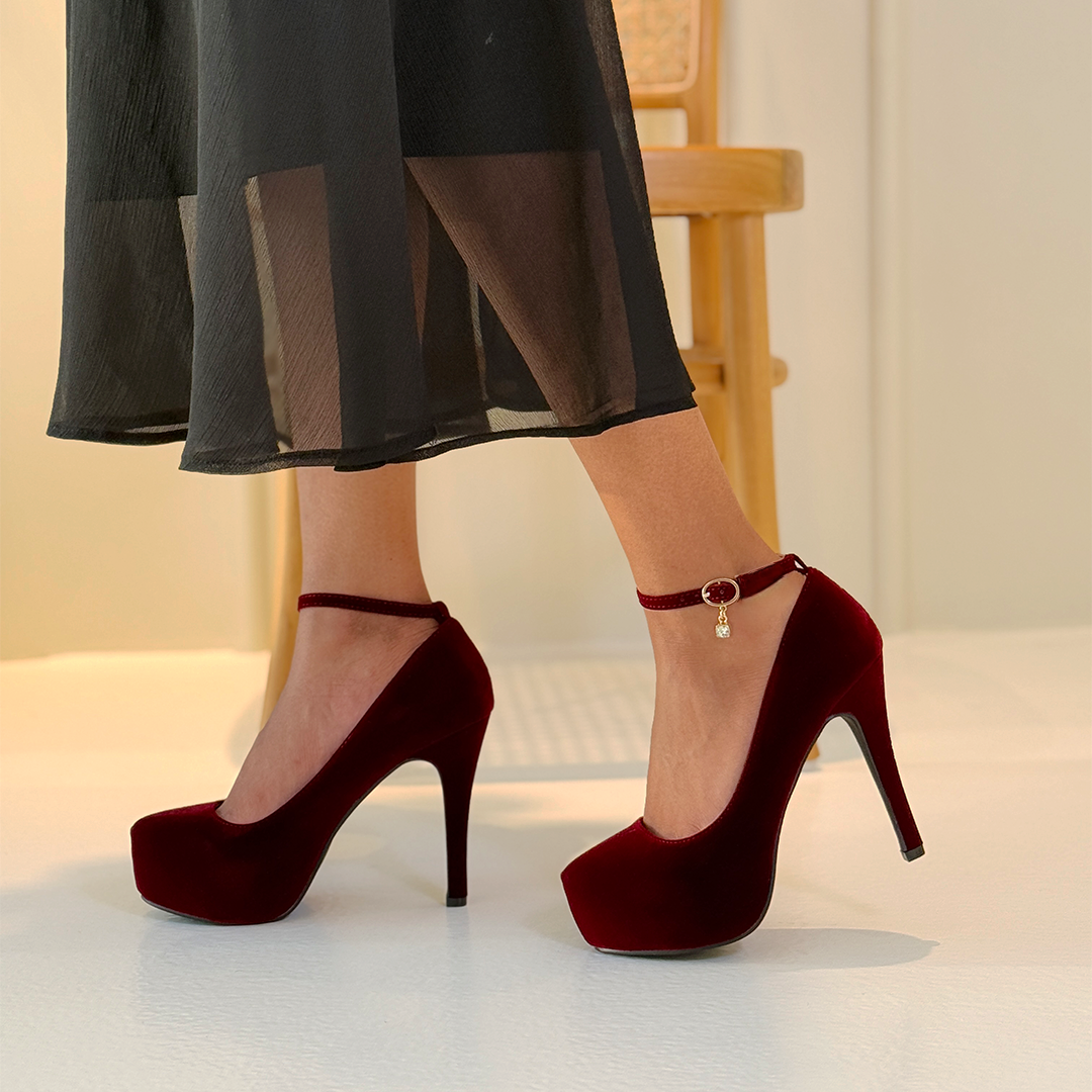 2-1 Alora Dark Red Velvet Heels Crystal Buckle Front View