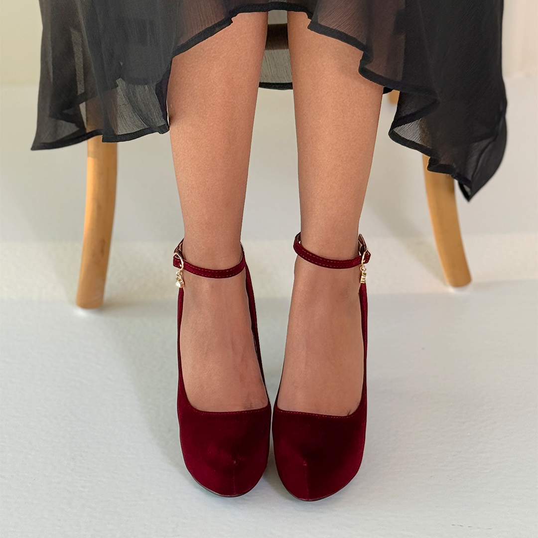 4 Alora Navy Blue Velvet Heels Crystal Buckle Side View