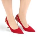 04-IMG_0993 Model Wearing Ella Red Pointed Heels Sandals Side Profile