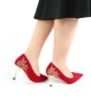 05-IMG_0994-1 Elegant Red Pointed Stiletto Heels on Model Front View