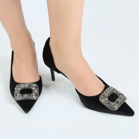 1 Shatha Black Velvet Pumps Heel Sandals - front view