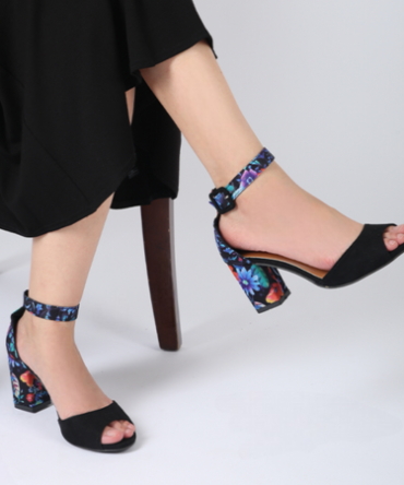 Lora Black Floral Heel Medium Height Sandals