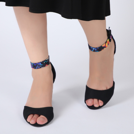 3 Lora Black Floral Heel Medium Height Sandals - front view