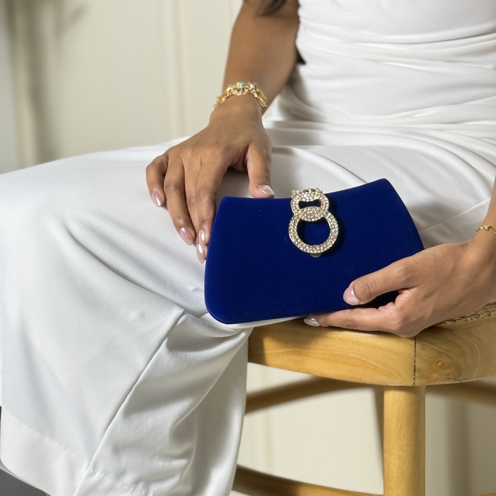 Alora Navy Blue Velvet Clutch Bag Front View