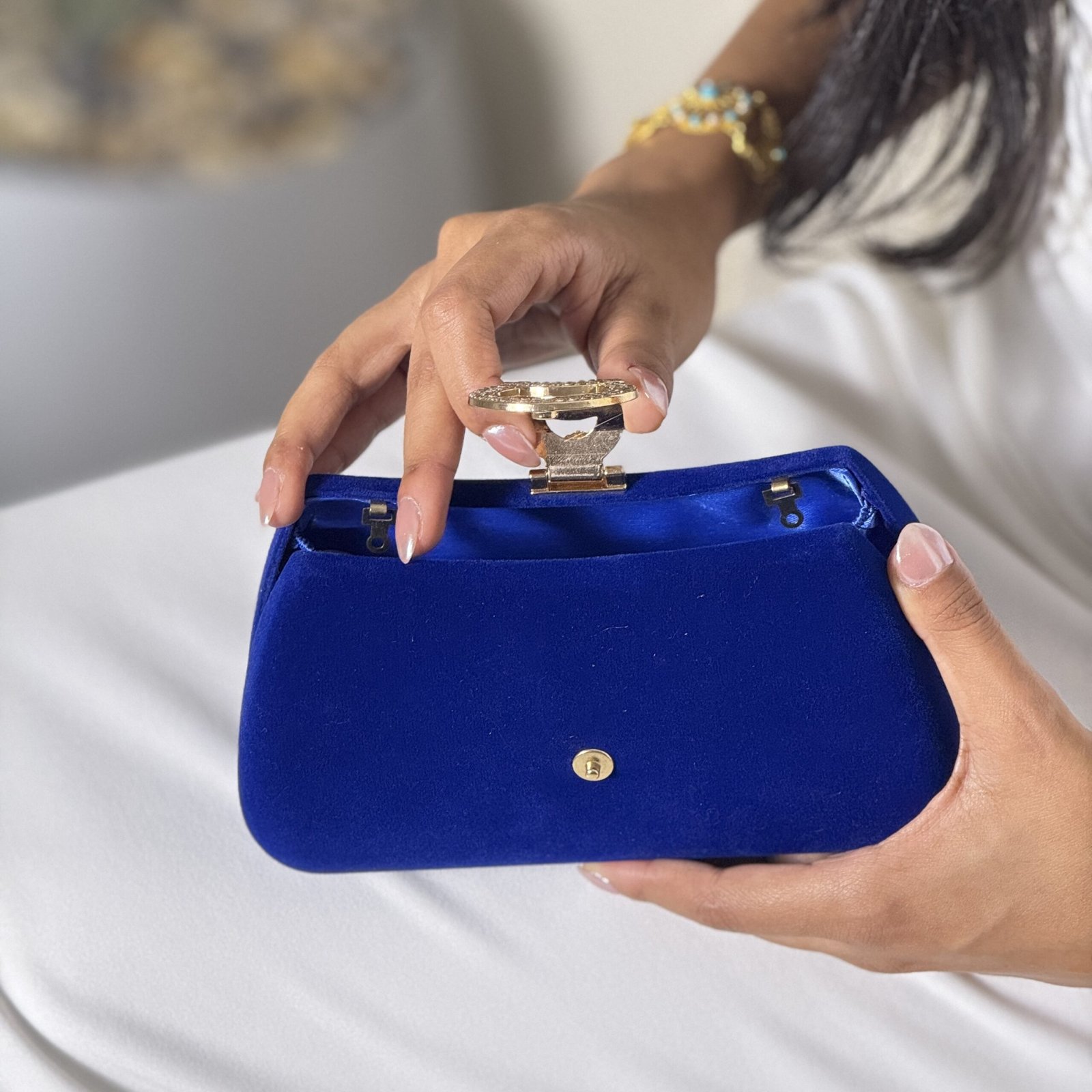 Close-up of Luxurious Navy Blue Velvet Clutch Texture