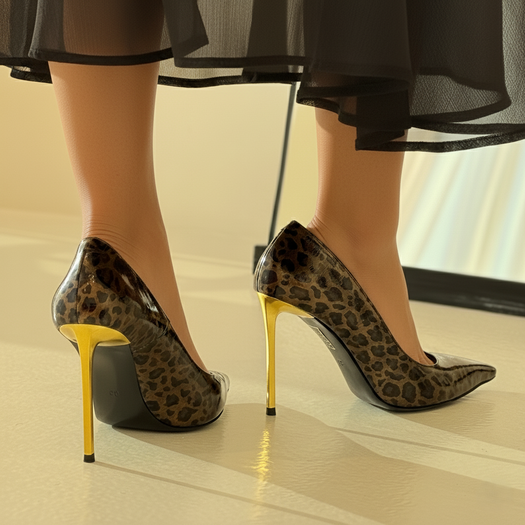 Ayden Leopard Gold Pointy Heels Sandals Front View 9.5cm Heel