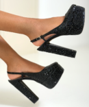 Tina Black Sparkly Platform Sandals 15cm Heel Front View