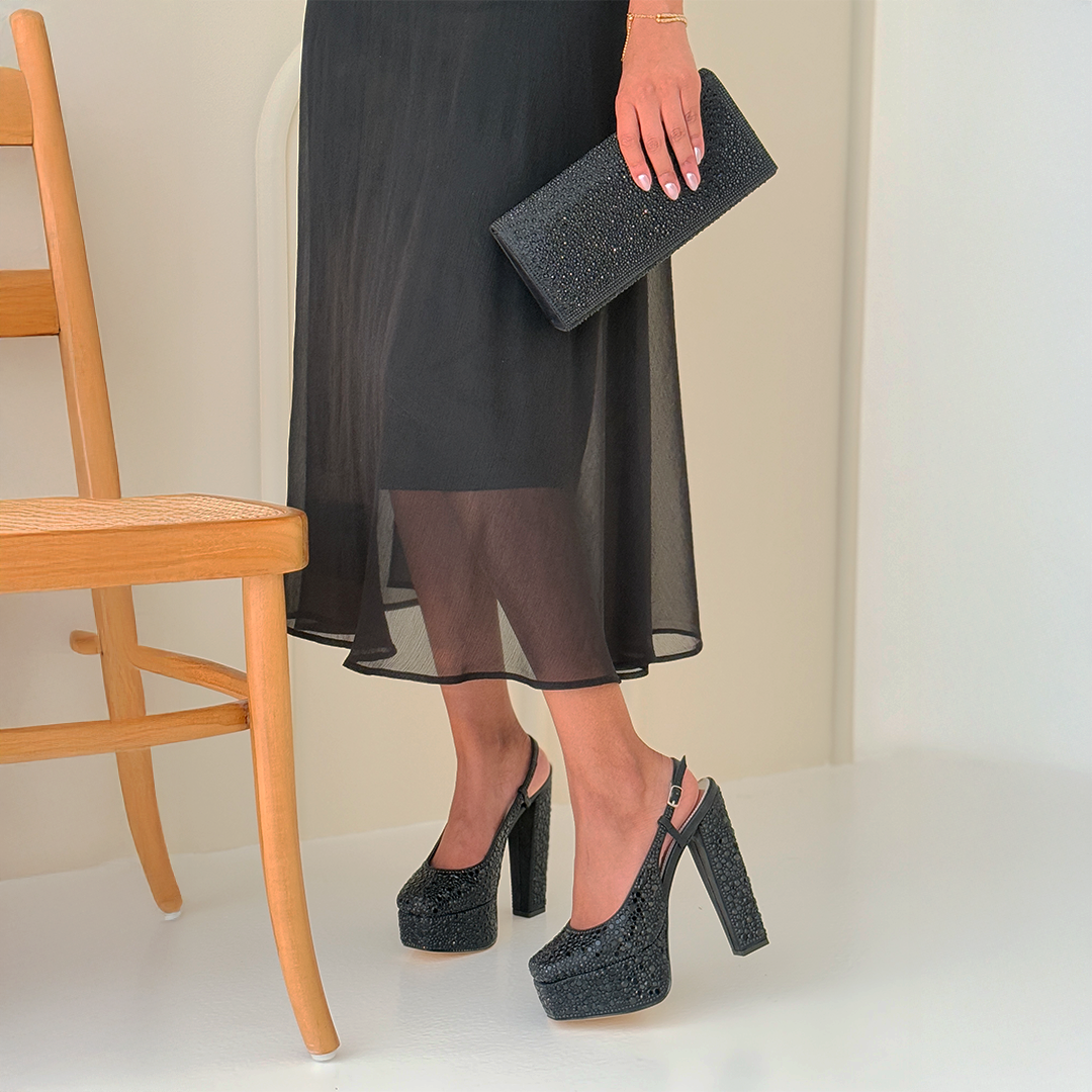 Tina Black Sparkly Platform Sandals Detail Close-up