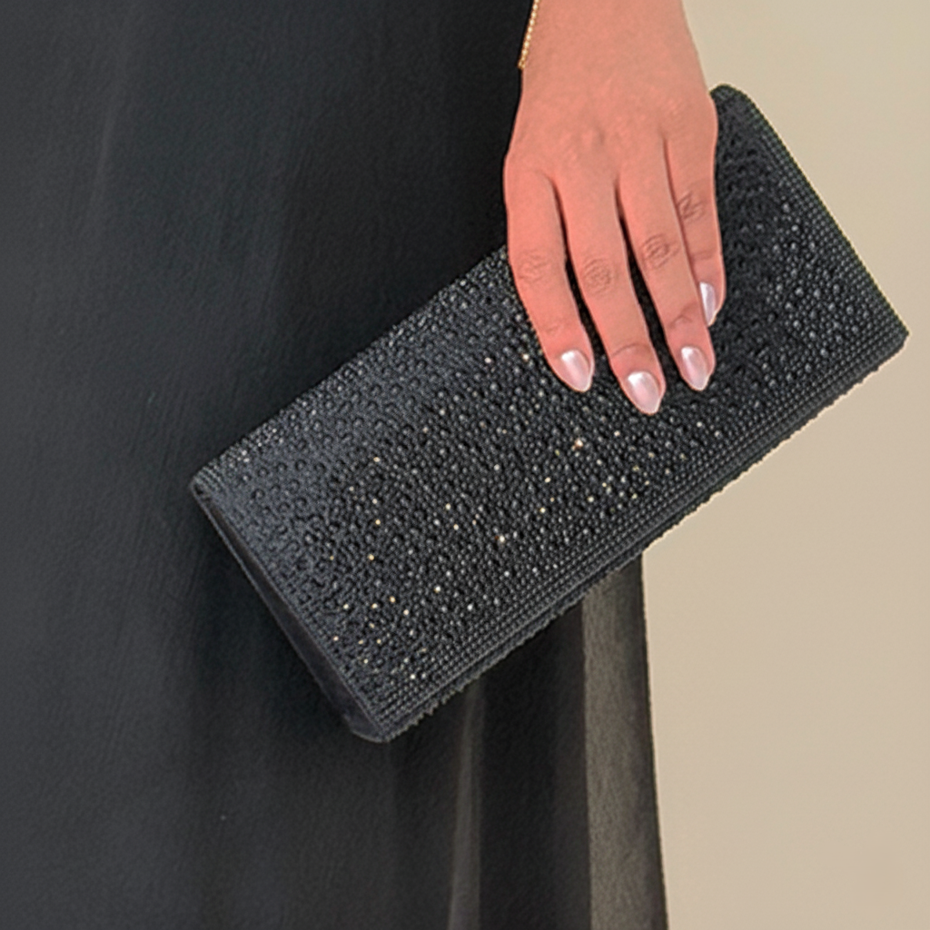 Close-up view of Tina Black Sparkly Clutch Evening Bag
